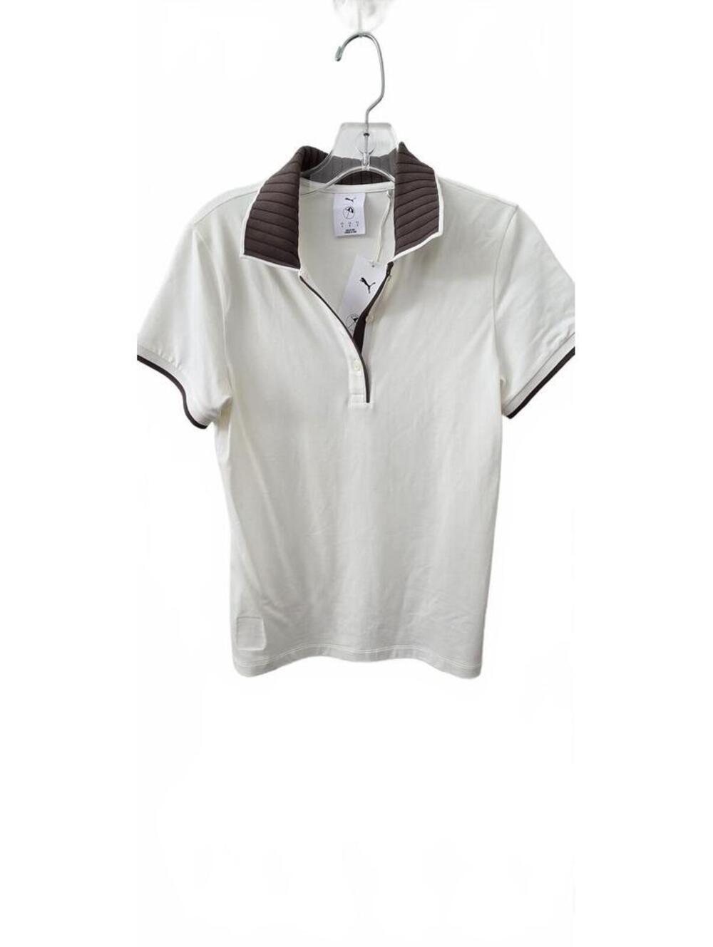 Puma Off White Golf Shirt with Brown Ribbed Collar and Sleeve Trim